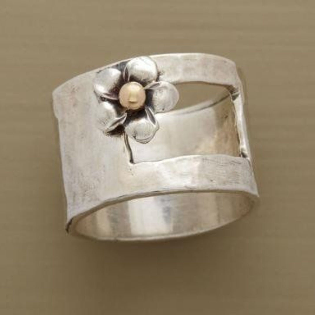 Wide Silver-Tone Ring with Tiny Flower and Pearl-Look Accent