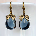 Vintage-Style Blue Crystal Drop Earrings with Leaf Top
