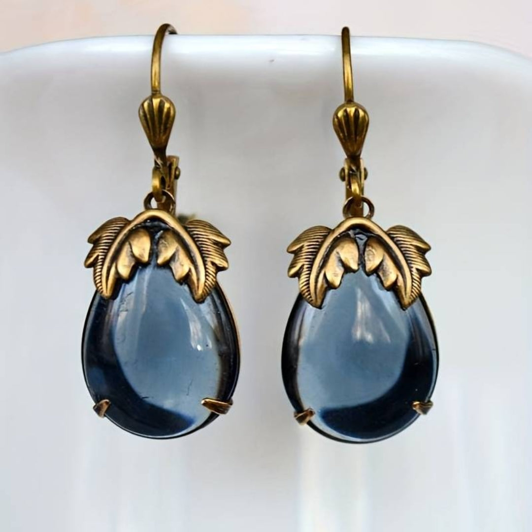 Vintage-Style Blue Crystal Drop Earrings with Leaf Top
