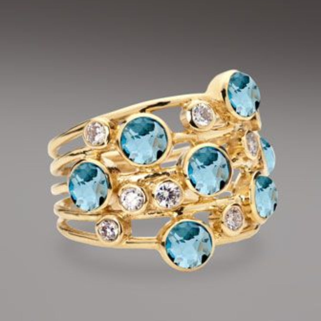 Vintage-Style Blue Inlaid Zirconia Gold-Tone Ring