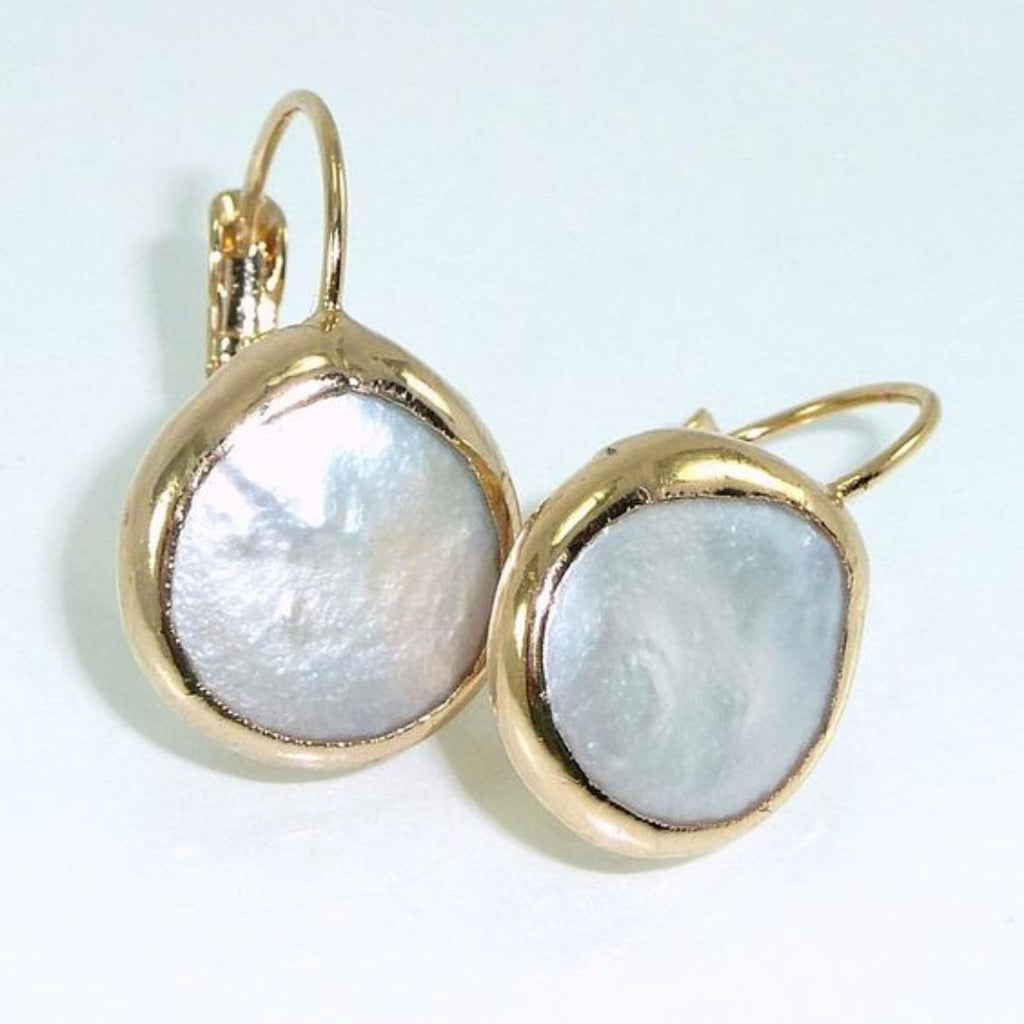 Vintage-Style White Mother-of-Pearl-Look Leverback Earrings in Gold Tone