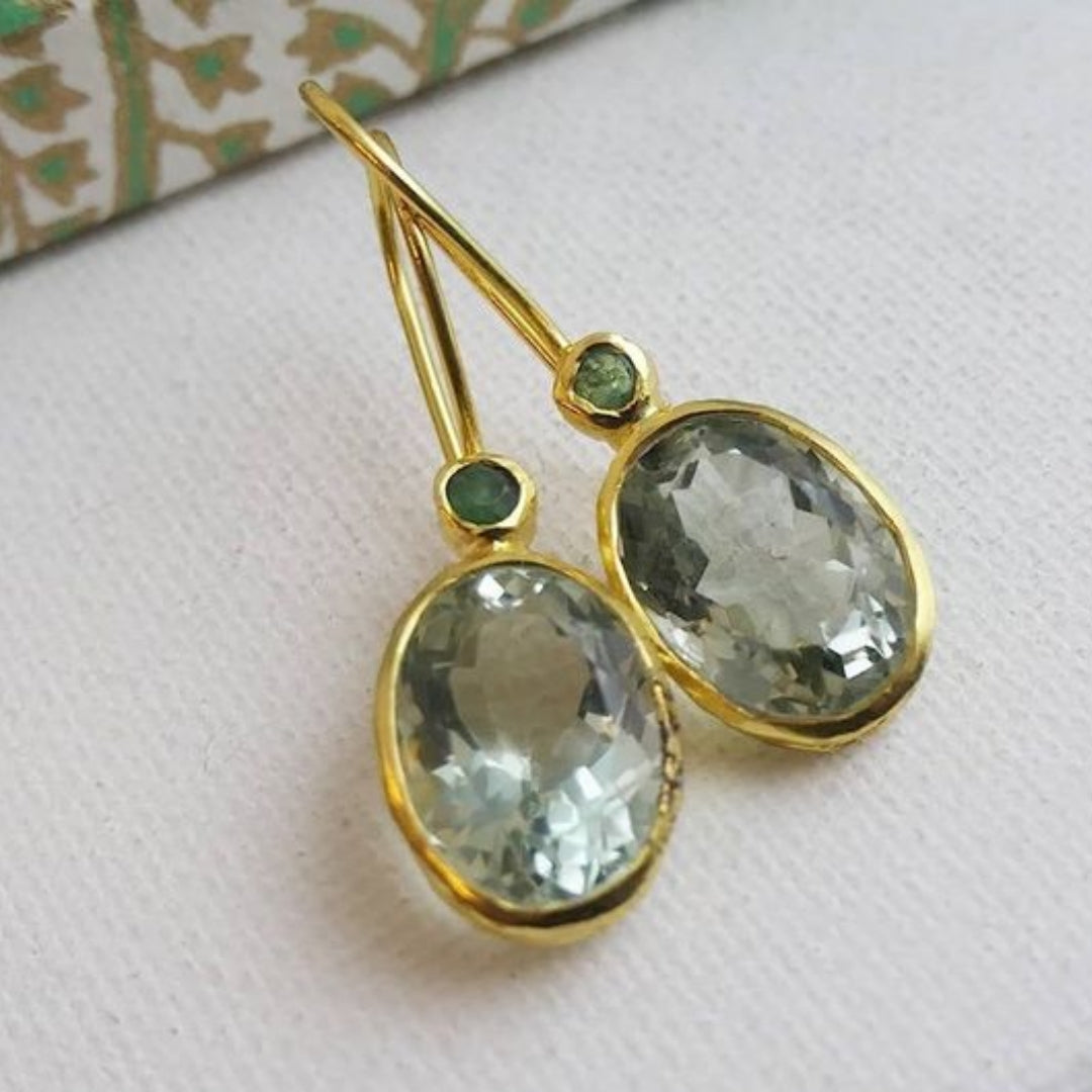 Vintage-Style Olive Glass Gold-Tone Earrings