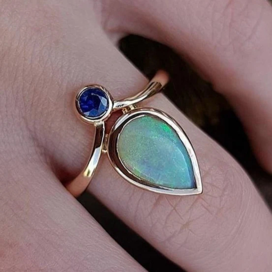 Teardrop Blue Opal-Look Ring with Sapphire-Look Accent