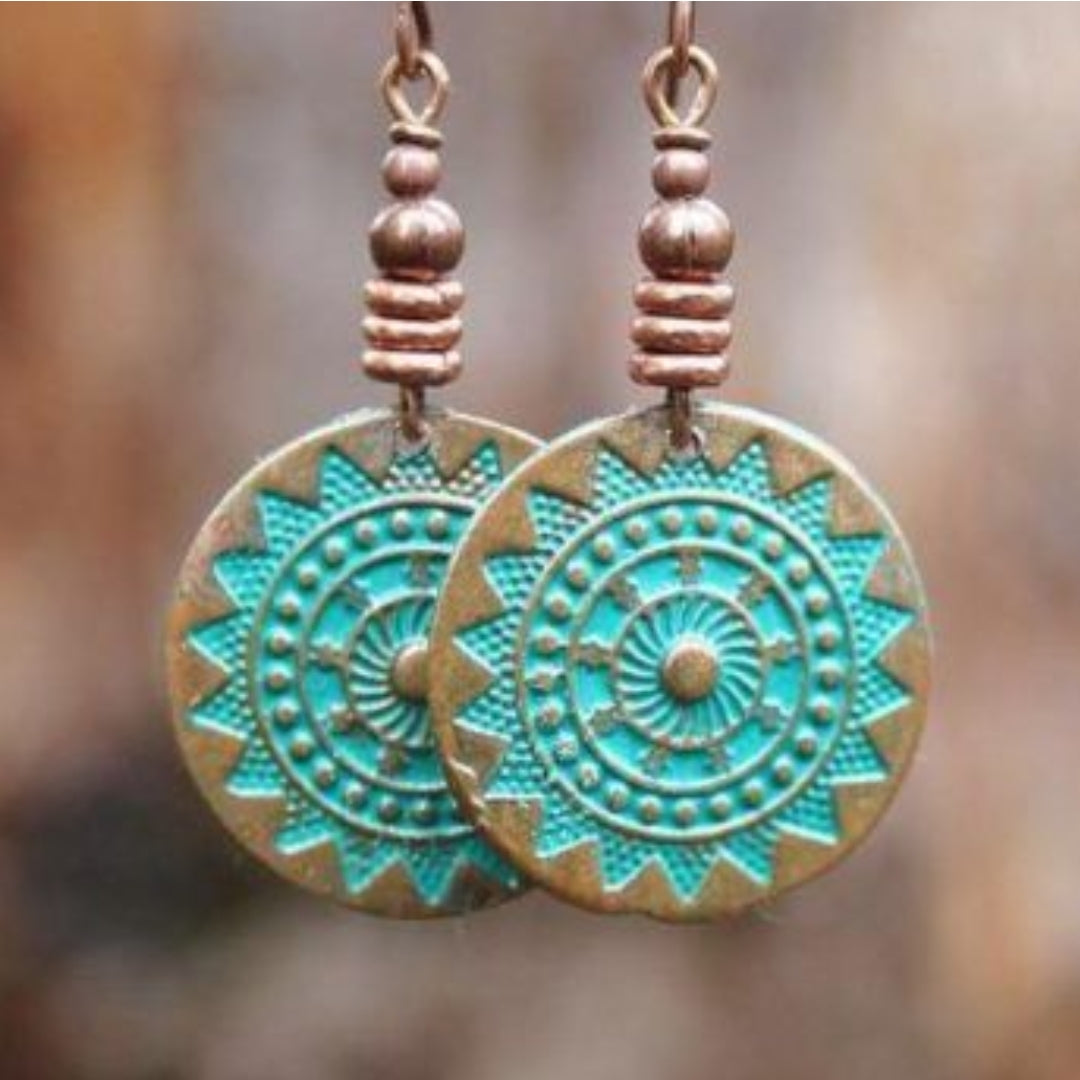 Brincos com Disco Mandala com Pátina Turquesa Estilo Vintage