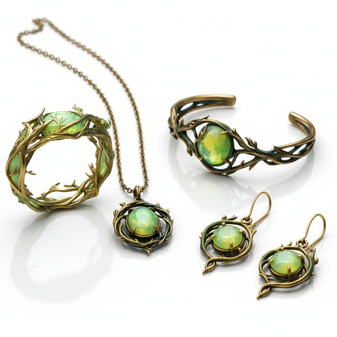 Sieradenbundel met groene opaallook en ring