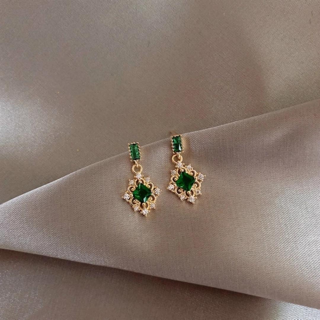 Green Zirconia Earrings in Gold Tone