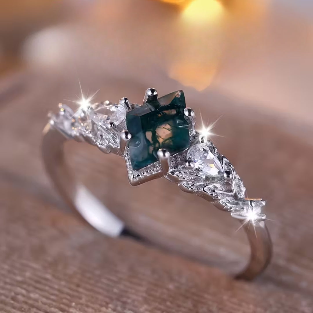 Moss Agate Bright Silver-Tone Ring