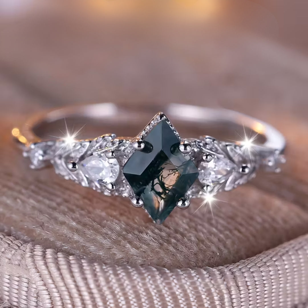 Moss Agate Bright Silver-Tone Ring