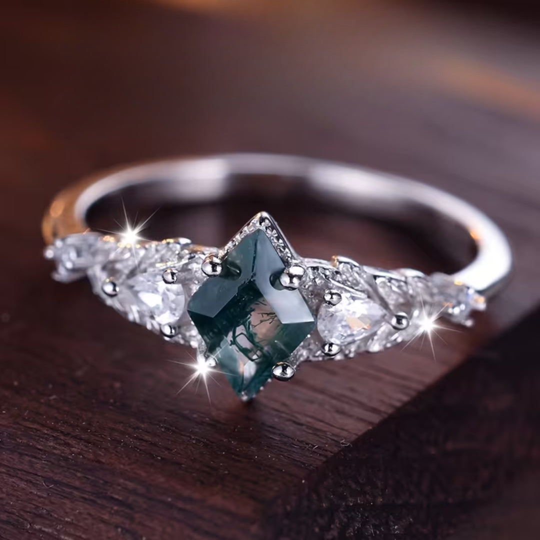 Moss Agate Bright Silver-Tone Ring