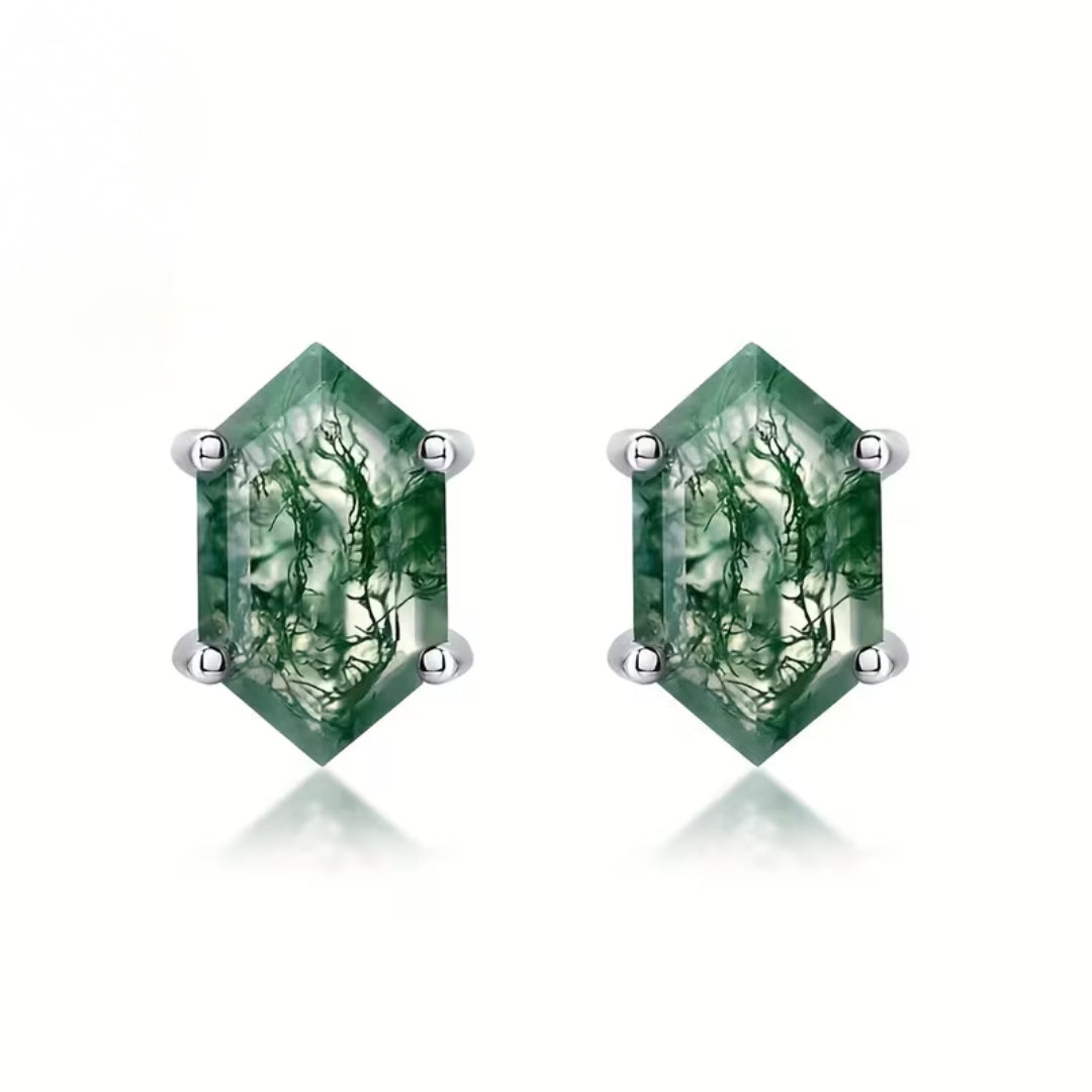 Moss Agate Hexagon Stud Earrings