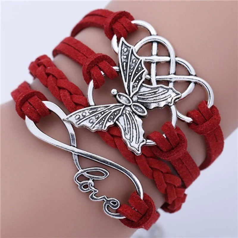 Vintage-Style Butterfly Leather Bracelet in Many Colours