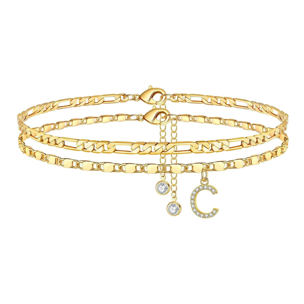 Two-Piece Initial Anklet Set with Diamond-Look Letter Charm