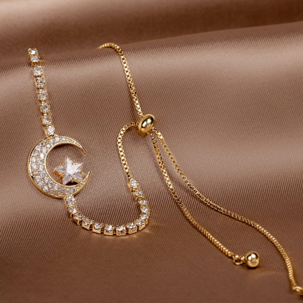 Zirconia and Gold-Tone Moon Pendant Bracelet
