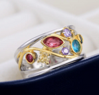 Vintage-Style Colourful Gem-Look Ring with Gold-Tone Swirls