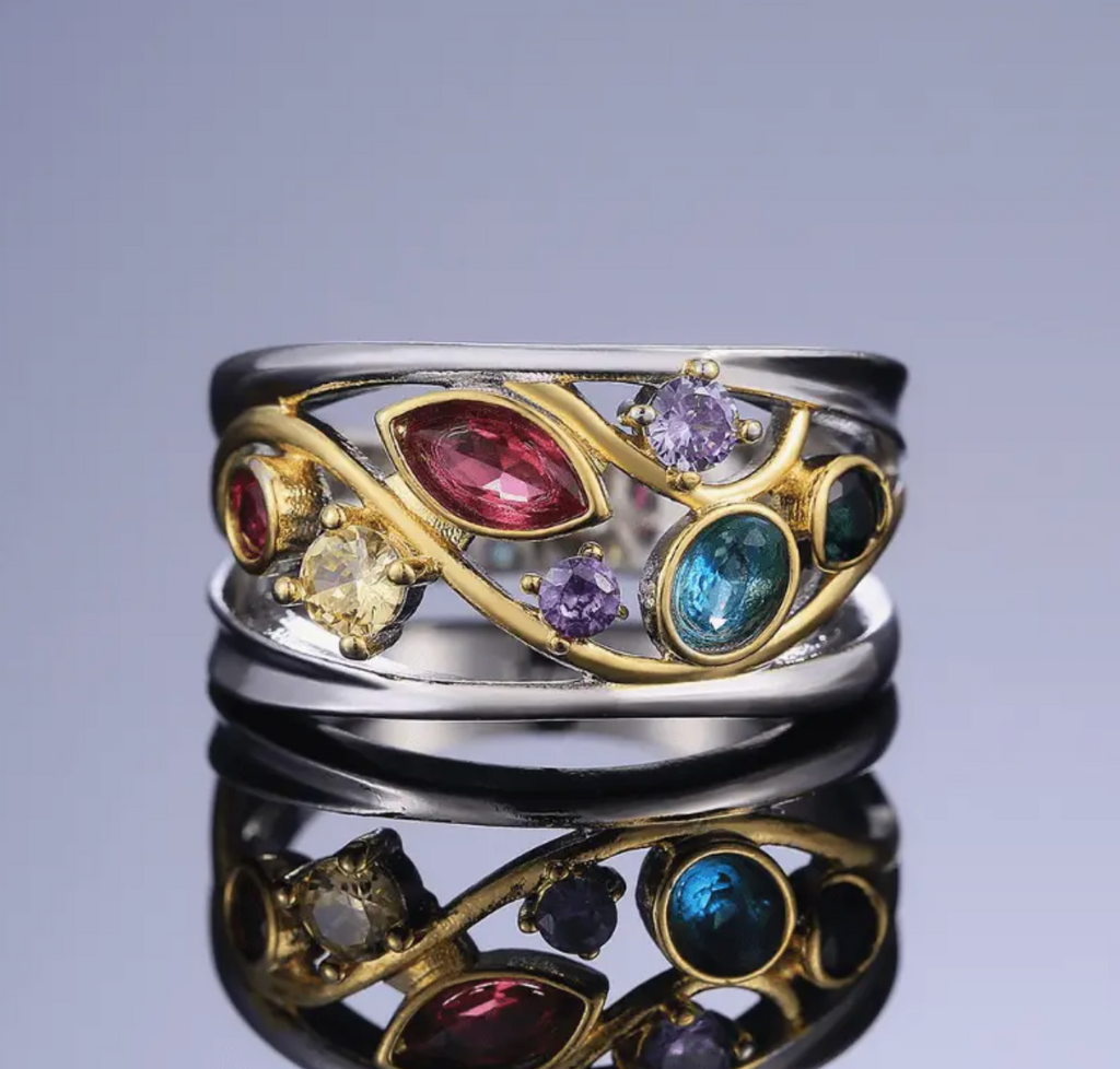 Vintage-Style Colourful Gem-Look Ring with Gold-Tone Swirls