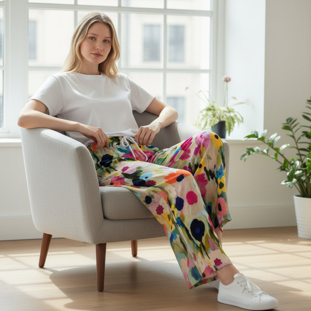 Broek met bloemenprint, medium taille en zakken opzij
