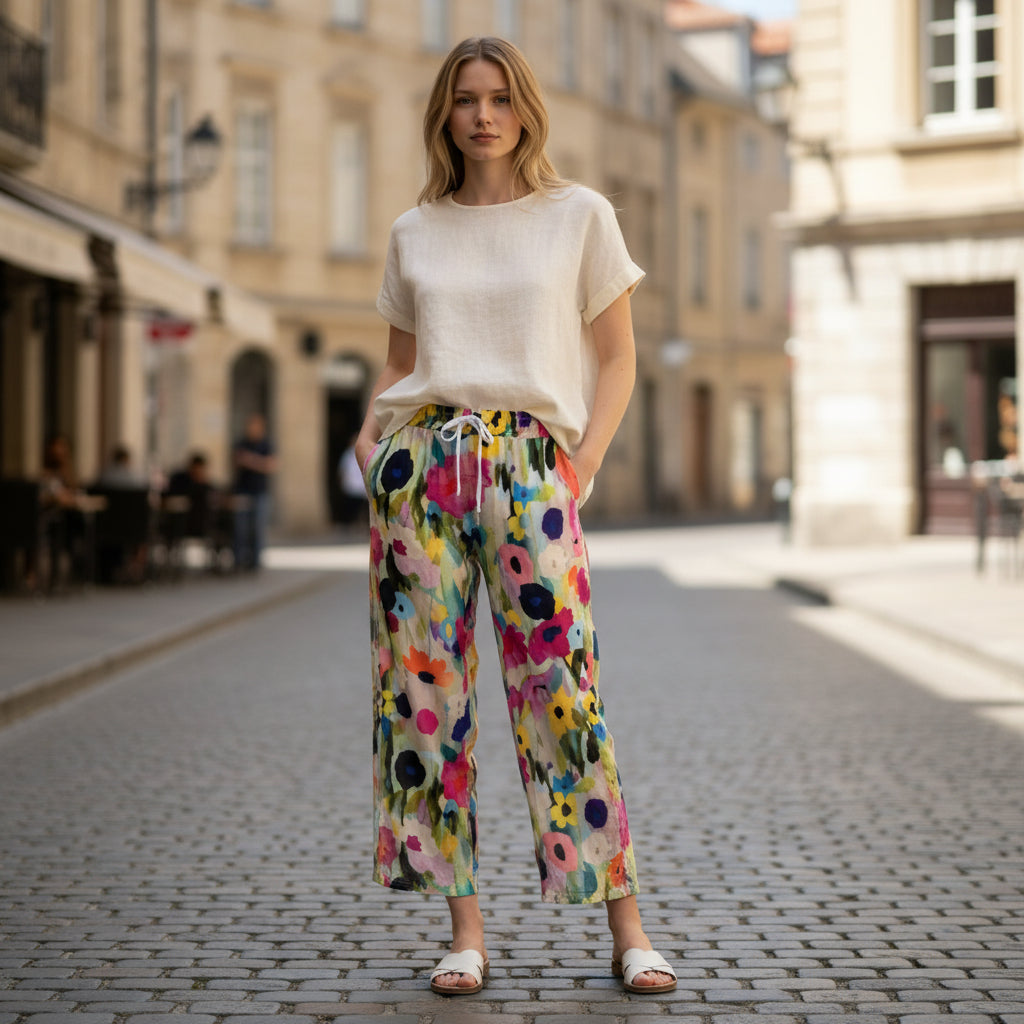 Broek met bloemenprint, medium taille en zakken opzij