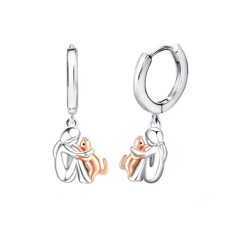 Cat Hug Pendant Necklace and Earrings Set