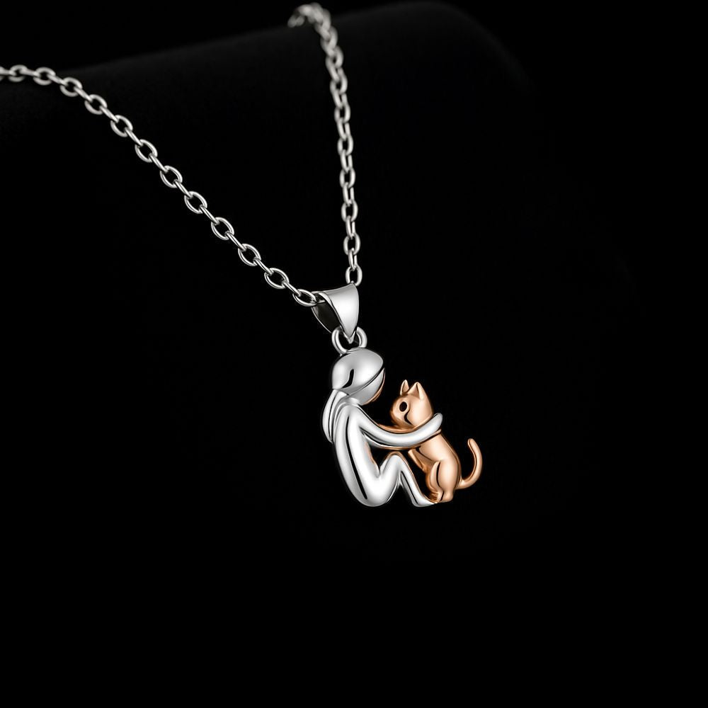 Cat Hug Pendant Necklace and Earrings Set