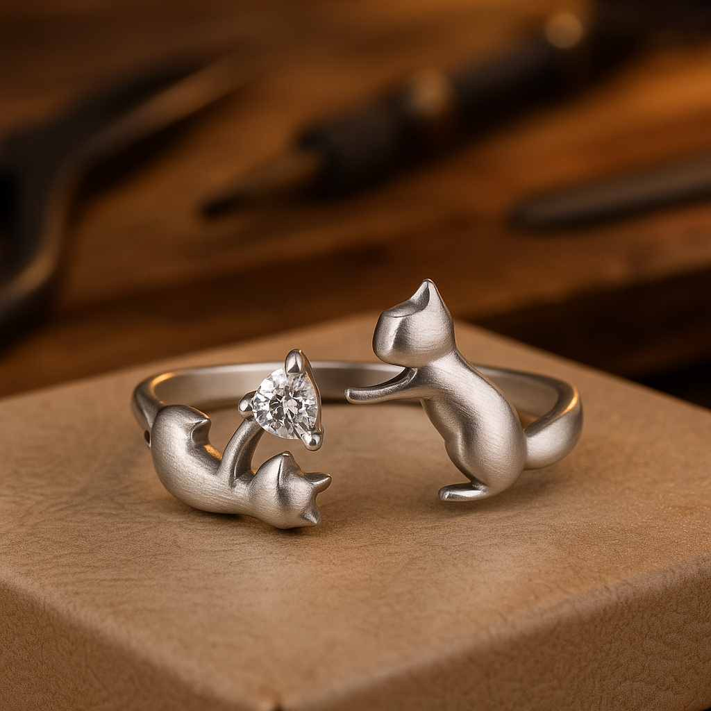 Adjustable Sterling Silver Cat Ring with Zirconia