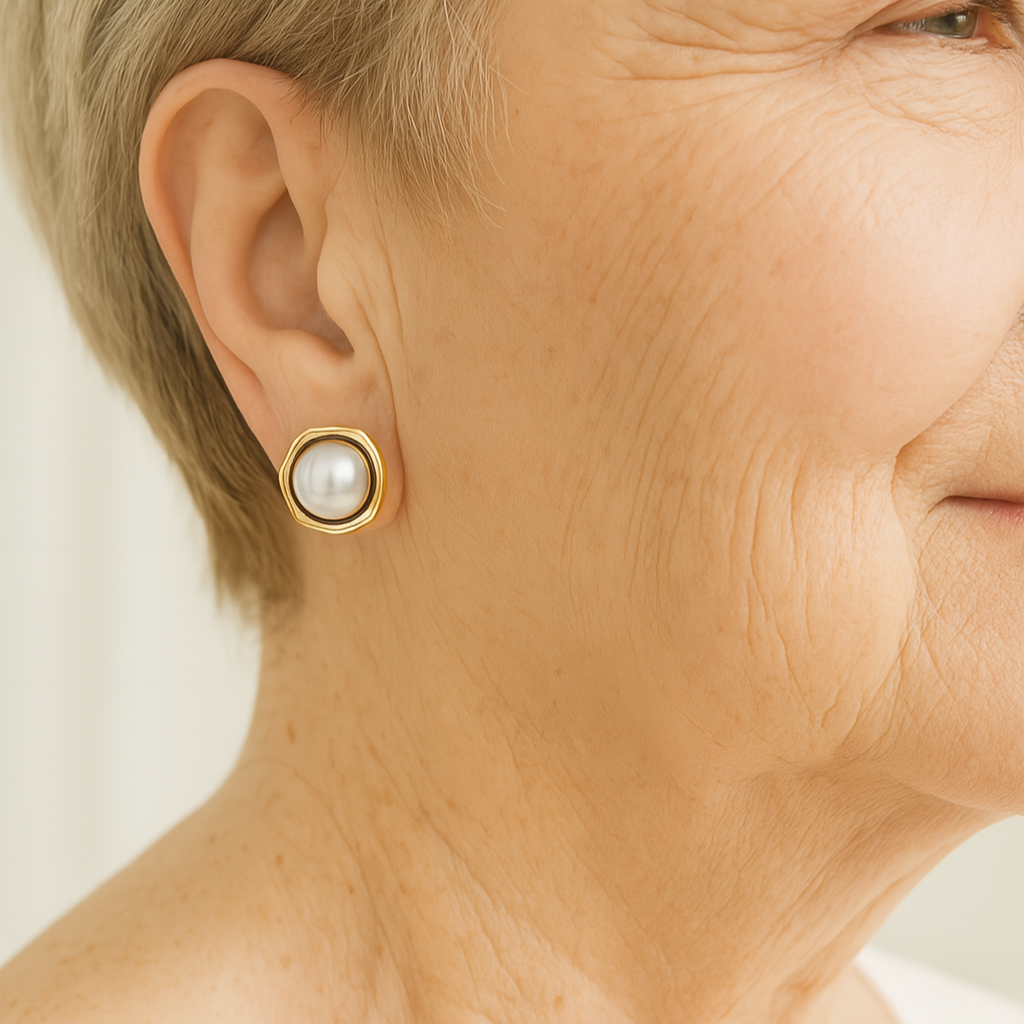 Grey Pearl-Look Stud Earrings with Silver-Tone Frame