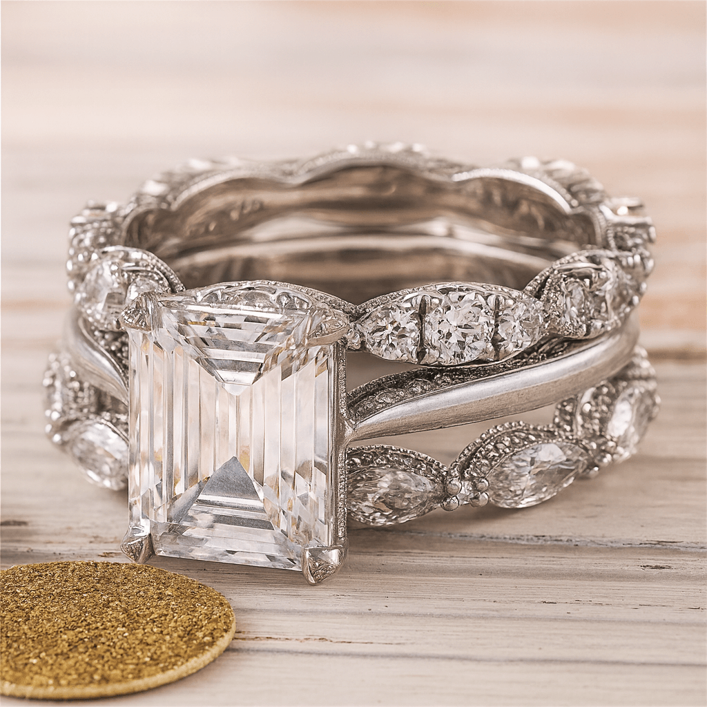 Stacked Silver-Tone Ring with Emerald-Cut Crystal and Pavé Rows