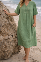 Linen Midi Dress with V-Neckline and Hidden Side Pockets