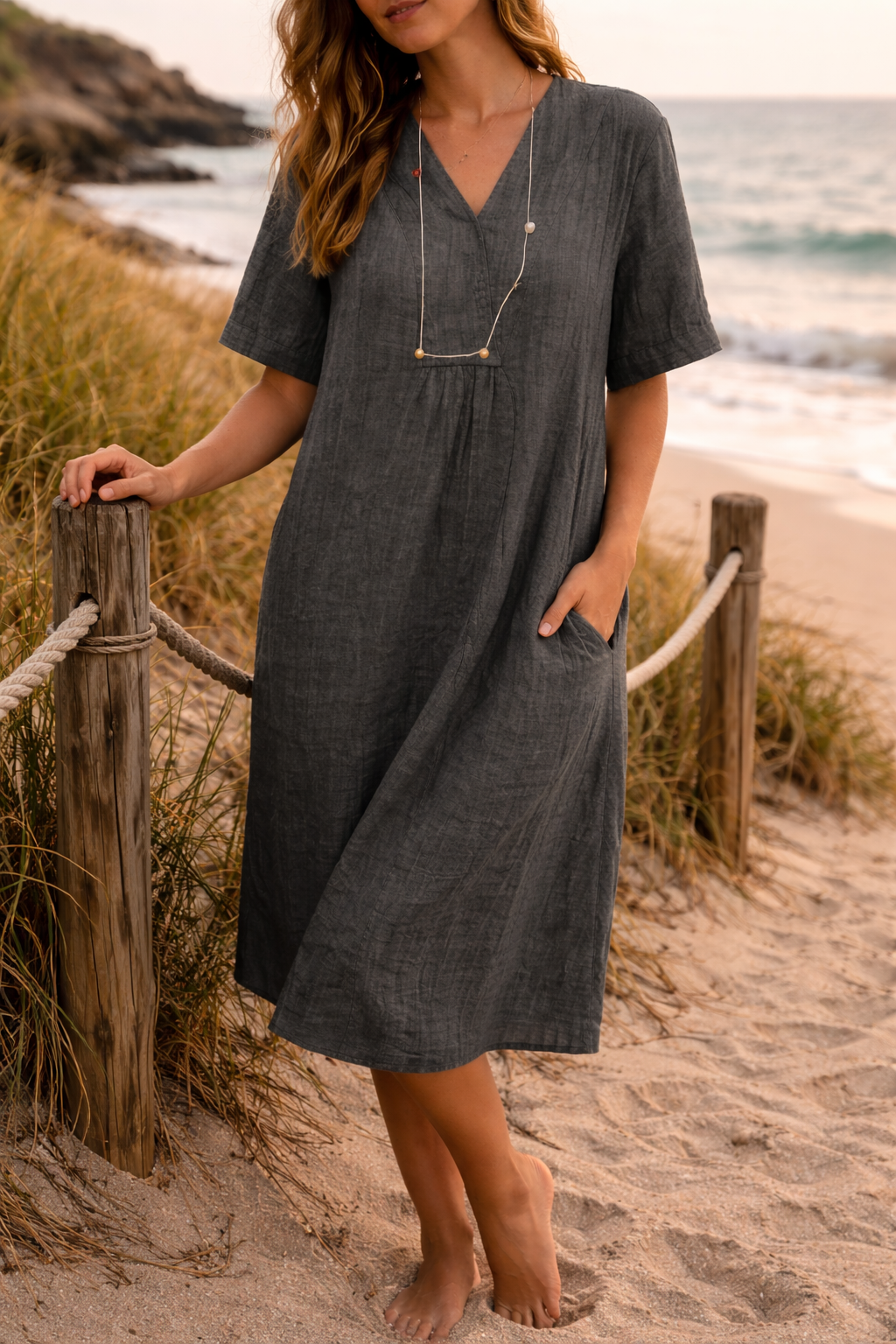 Linen Midi Dress with V-Neckline and Hidden Side Pockets