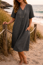 Linen Midi Dress with V-Neckline and Hidden Side Pockets
