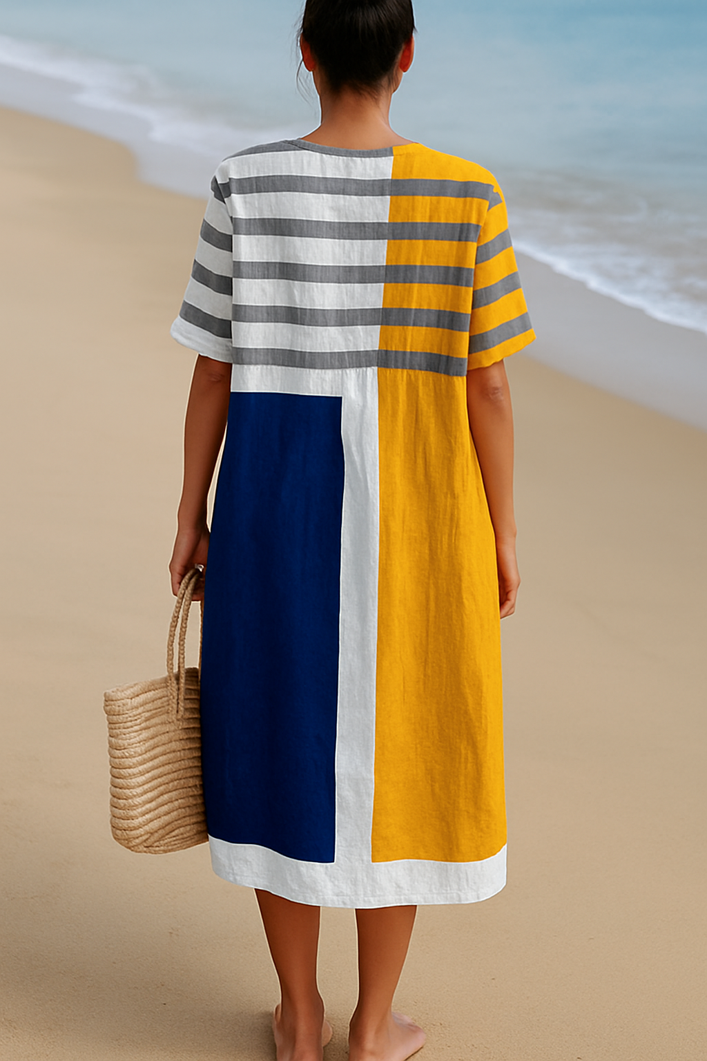 Colour Block Dress with Graphic Stripes and Relaxed Fit