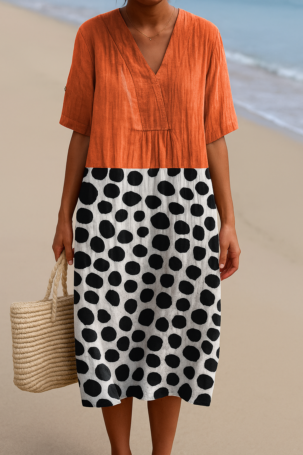 Colourblock jurk met stippenrok en losse zomerse pasvorm
