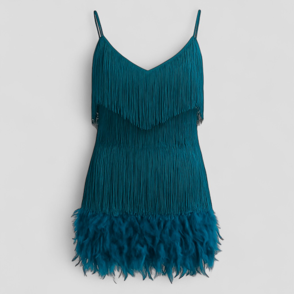 Sequinned Cocktail Dress with Slim Straps and Feather Hem