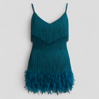 Sequinned Cocktail Dress with Slim Straps and Feather Hem