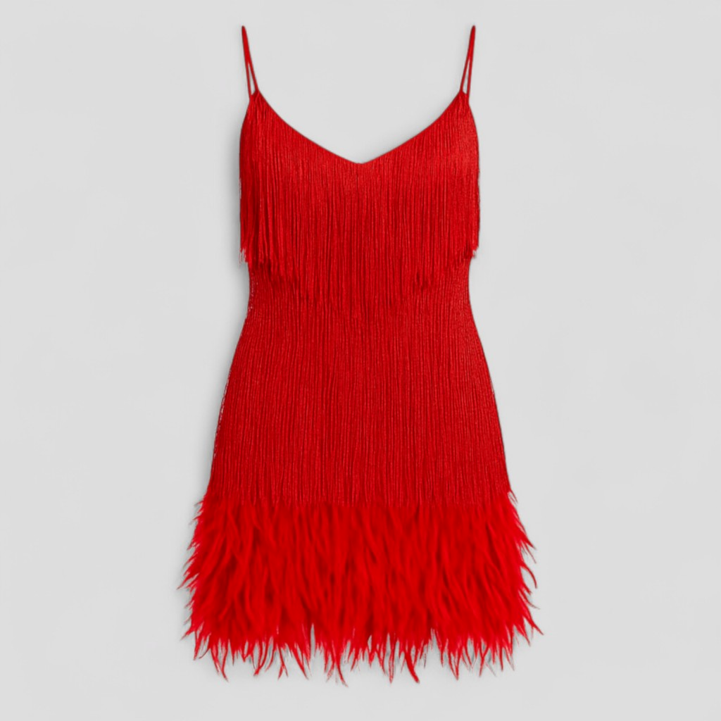 Sequinned Cocktail Dress with Slim Straps and Feather Hem