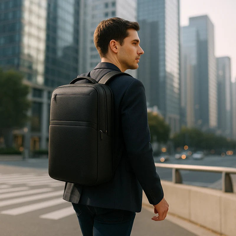 Spacious Refined Black Leather Laptop Backpack