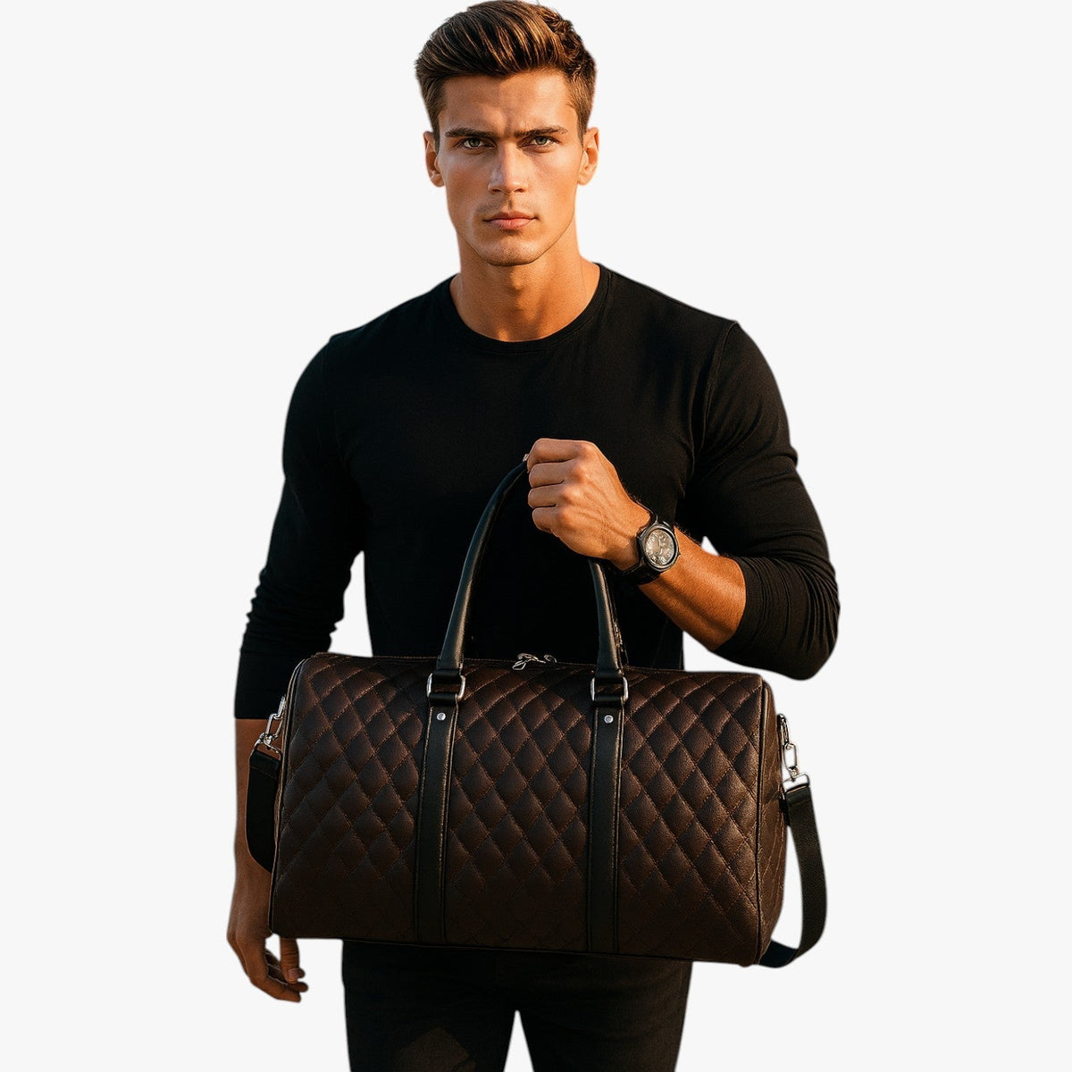 Men's Sleek Leather Weekend Holdall Bag for Short Trips