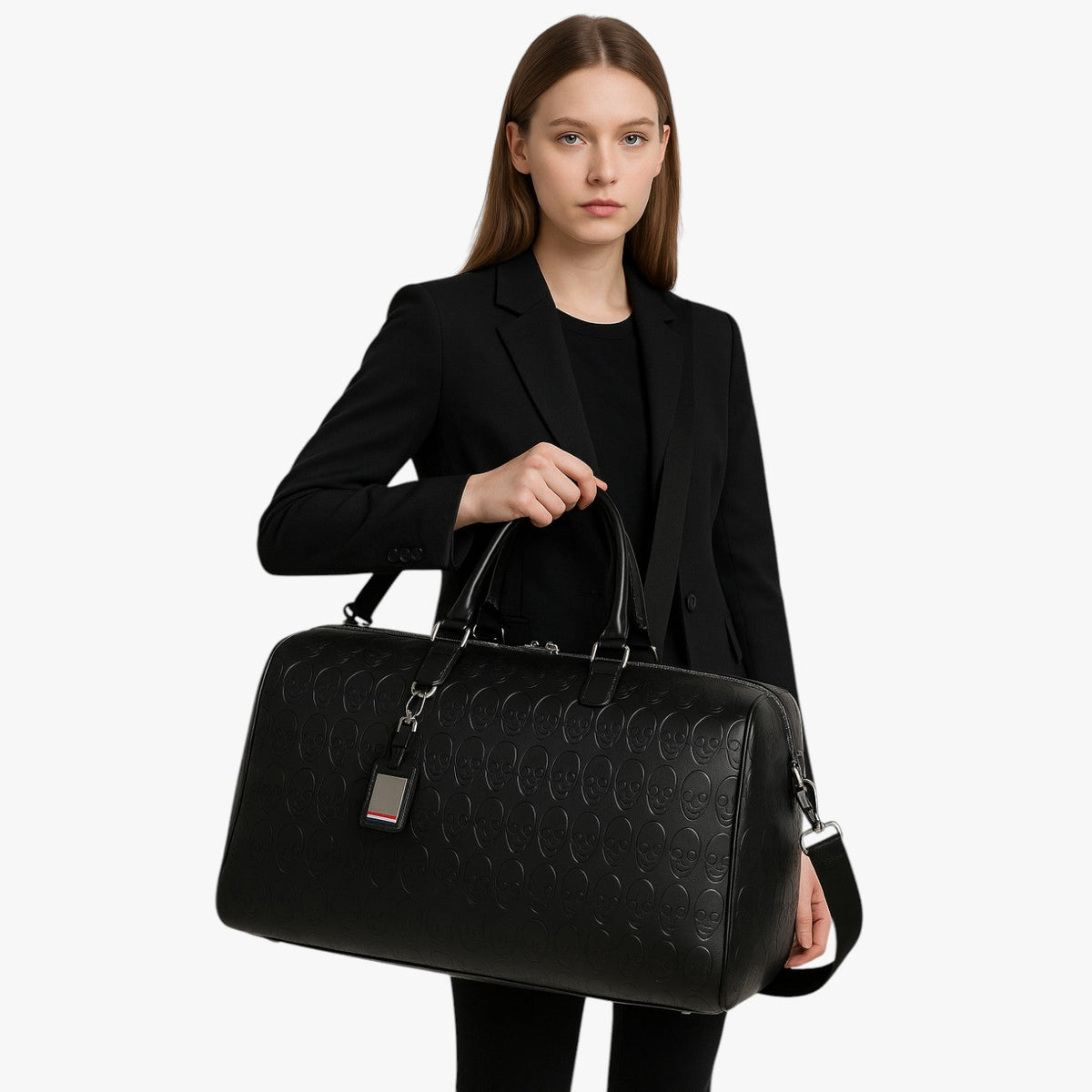 Maxi Black Travel Bag with Embossed Skull Print