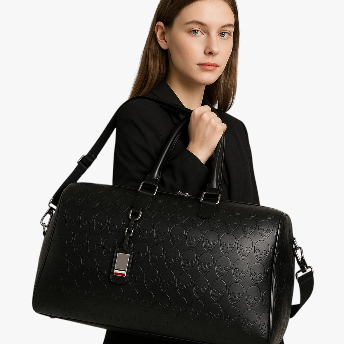 Maxi Black Travel Bag with Embossed Skull Print