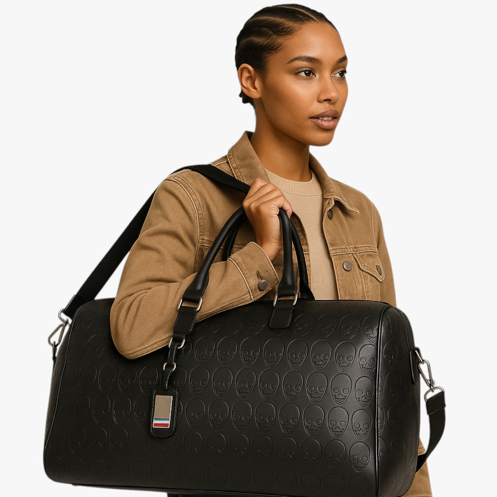 Maxi Black Travel Bag with Embossed Skull Print