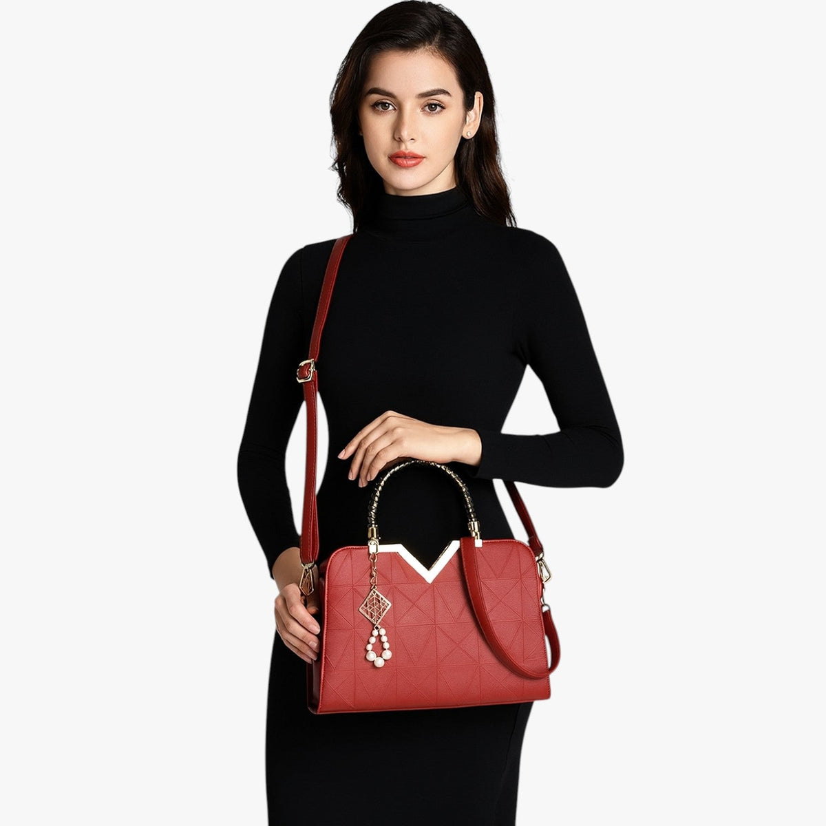 Elegant Zip-Top Handbag with Pearl Zip Detail