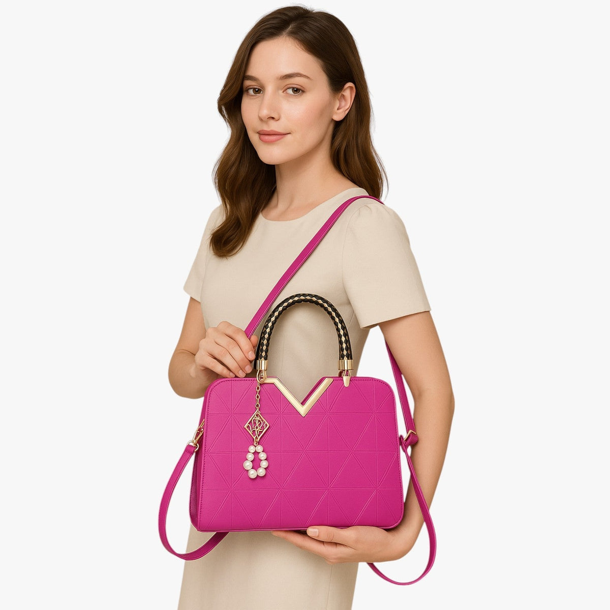 Elegant Zip-Top Handbag with Pearl Zip Detail
