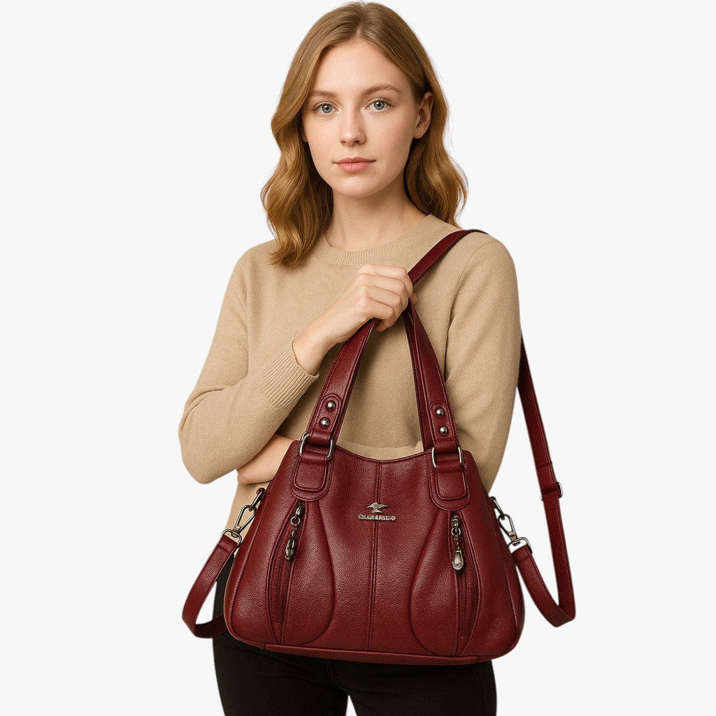 Solid-Colour Leather Shoulder Bag with Adjustable Strap