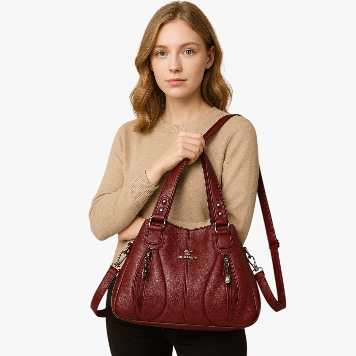 Solid-Colour Leather Shoulder Bag with Adjustable Strap