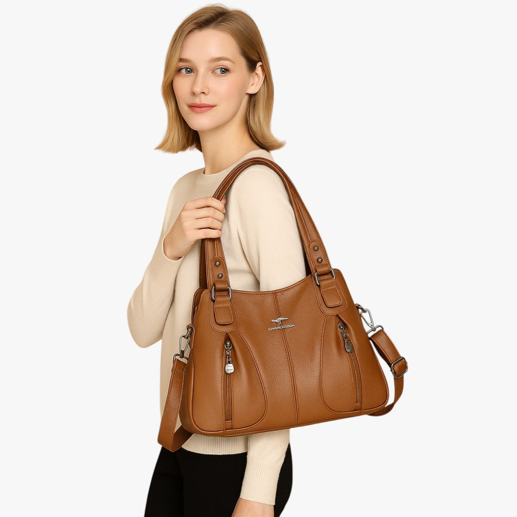 Solid-Colour Leather Shoulder Bag with Adjustable Strap