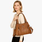 Solid-Colour Leather Shoulder Bag with Adjustable Strap