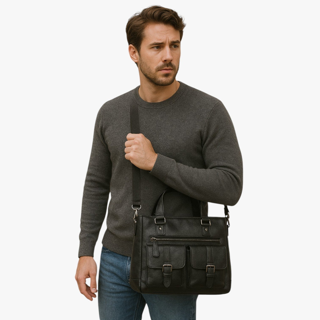 Zwarte PU-leren laptopschoudertas voor werk en reizen
