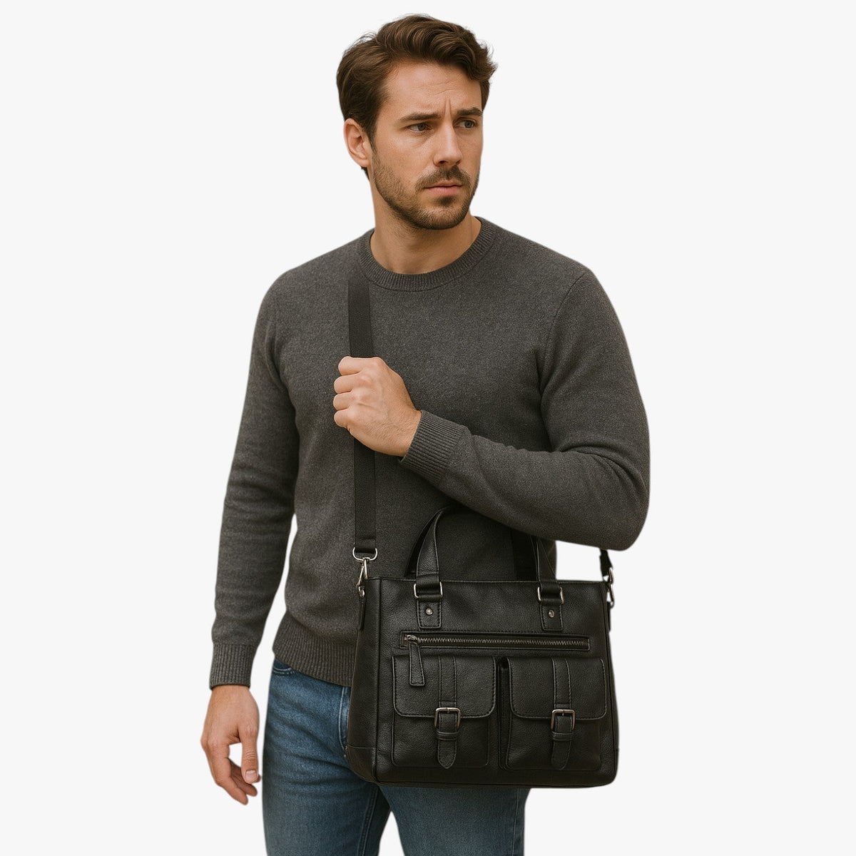 Zwarte PU-leren laptopschoudertas voor werk en reizen