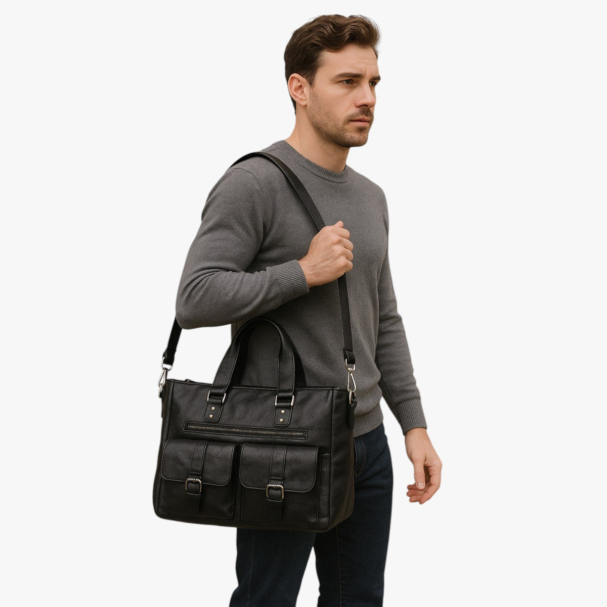 Zwarte PU-leren laptopschoudertas voor werk en reizen