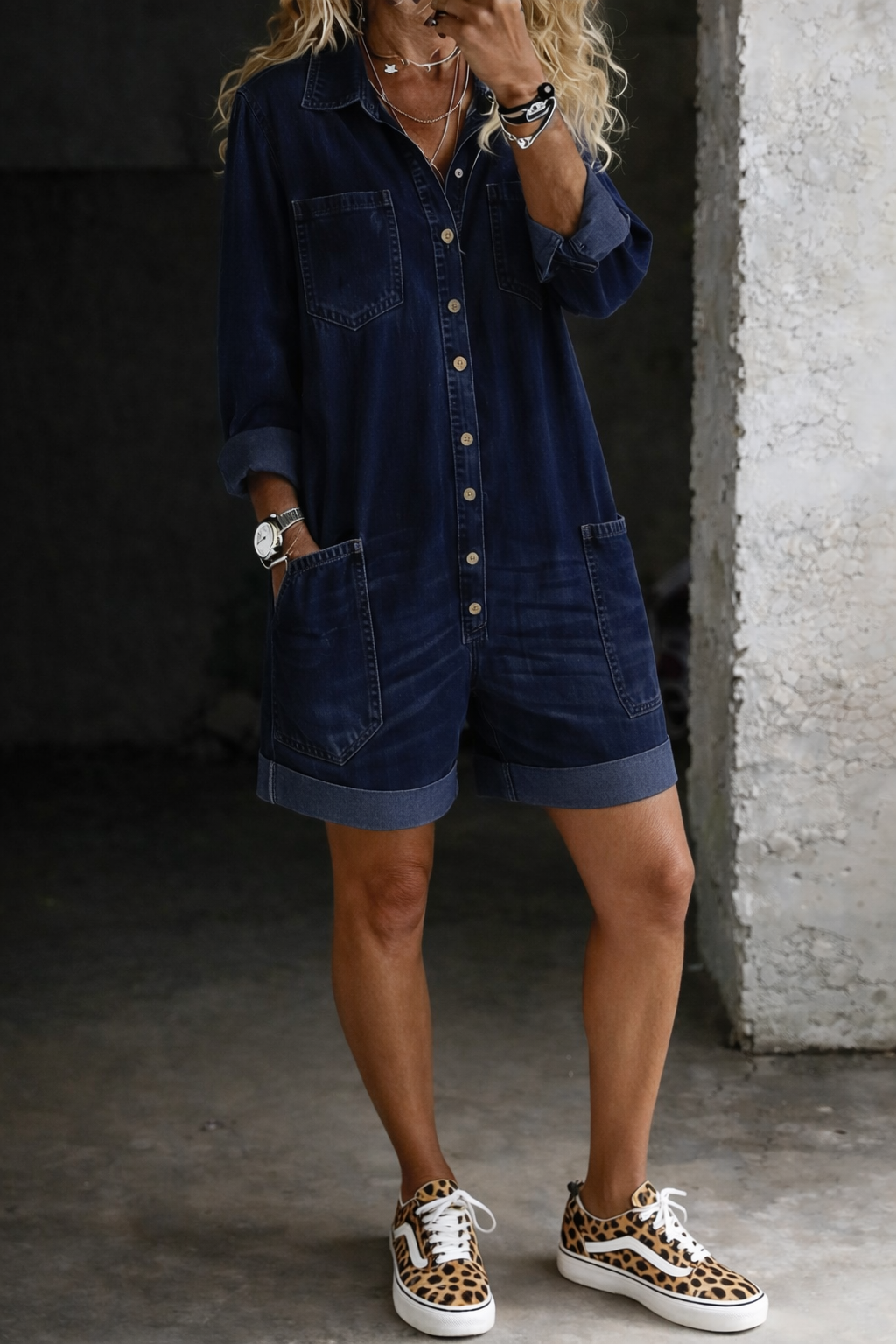 Denim Jumpsuit with Short Legs and a Relaxed Casual Fit