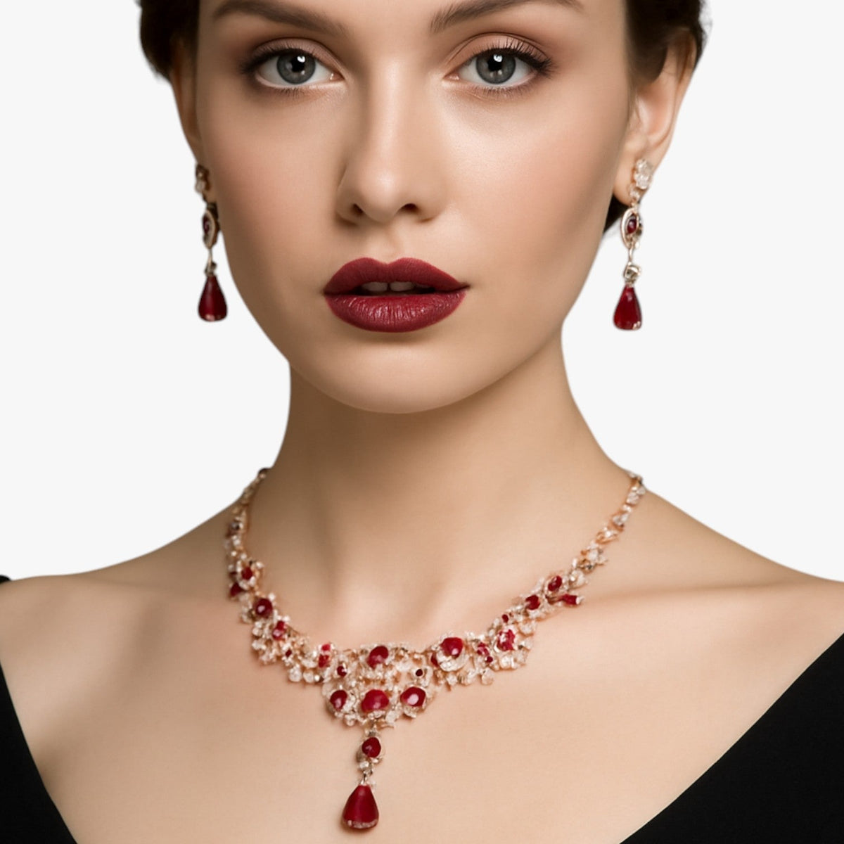 Set met ketting en oorbellen in rood kristal voor gelegenheden